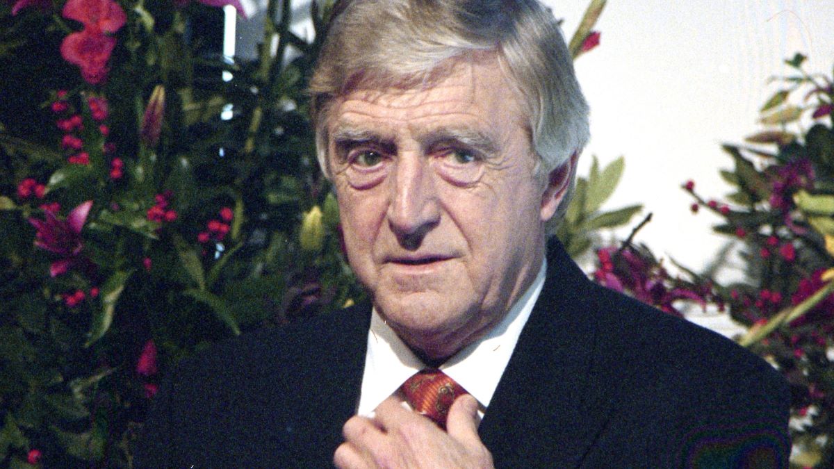 Michael Parkinson during the filming of the Up On the Catwalk sketch to be shown on Comic Relief’s Red Nose Day telethon held on March 14, 1997. (Photo by Jason Lowe/Comic Relief via Getty Images)