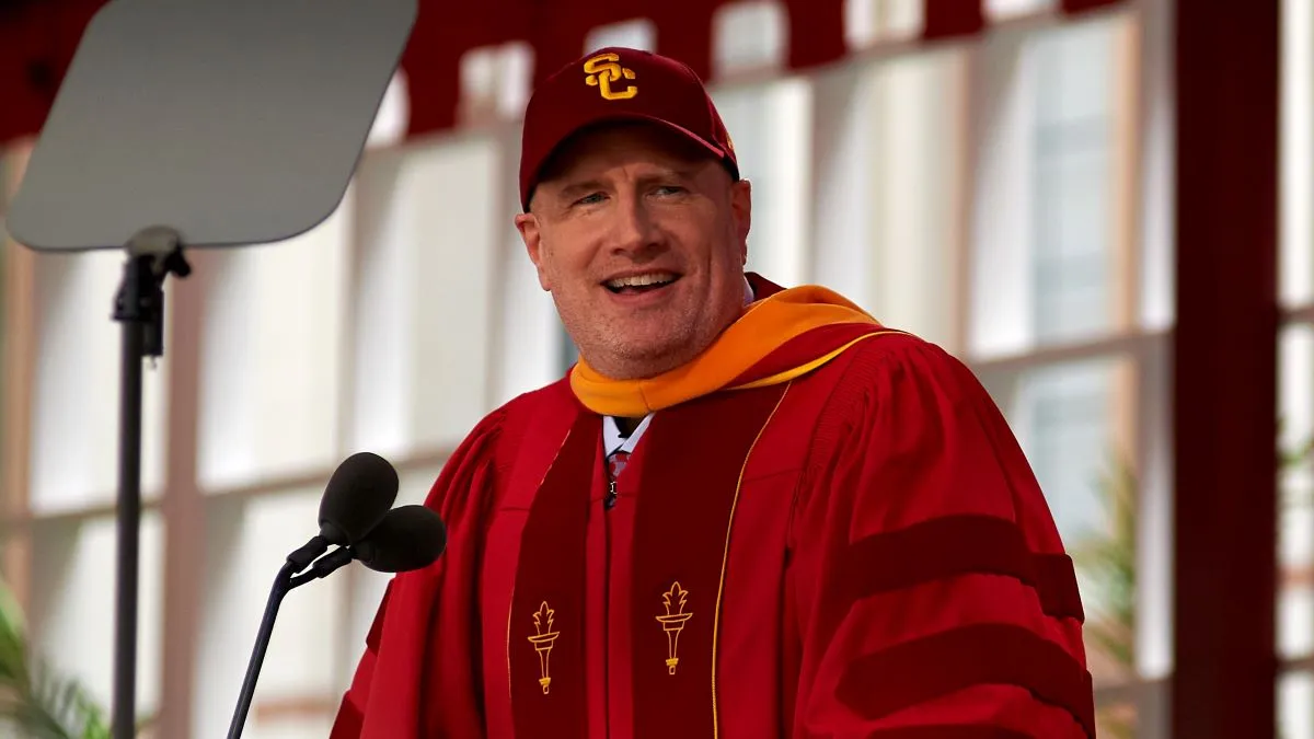Kevin Feige delivers speech at University Of Southern California's 140th Commencement Ceremony at University of Southern California on May 12, 2023 in Los Angeles, California. (Photo by Unique Nicole/Getty Images)