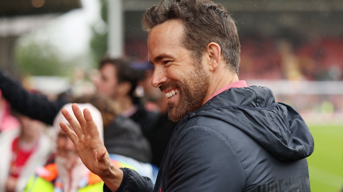 Ryan Reynolds the co-owner of Wrexham greets the fans prior to Wrexham's first game back in the football league prior to the Sky Bet League Two match between Wrexham and Milton Keynes Dons at Racecourse Ground on August 5, 2023 in Wrexham, Wales. (Photo by Matthew Ashton - AMA/Getty Images)