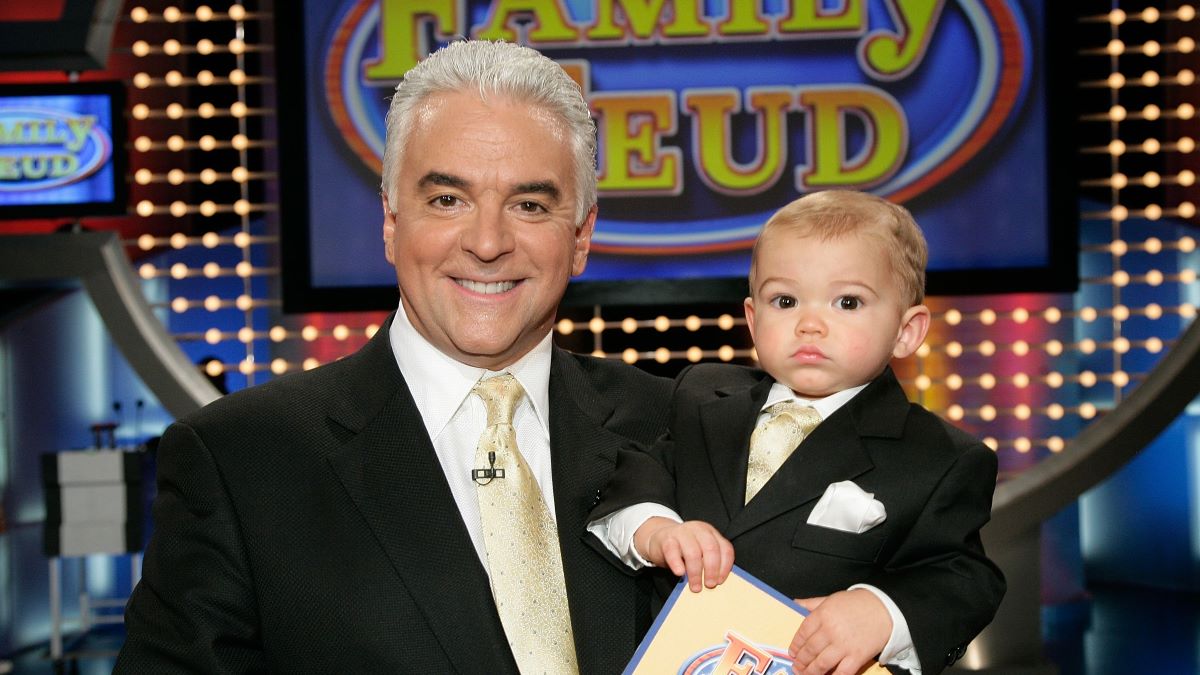 Host John O'Hurley and his 18 month old son William on the set of Family Feud on June 20, 2008 at KTLA in Los Angeles, California. (Photo by Mathew Imaging/WireImage)