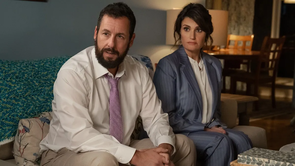 You Are SO Not Invited To My Bat Mitzvah. (L to R) Adam Sandler as Danny Friedman and Idina Menzel as Bree Friedman in You Are SO Not Invited To My Bat Mitzvah.