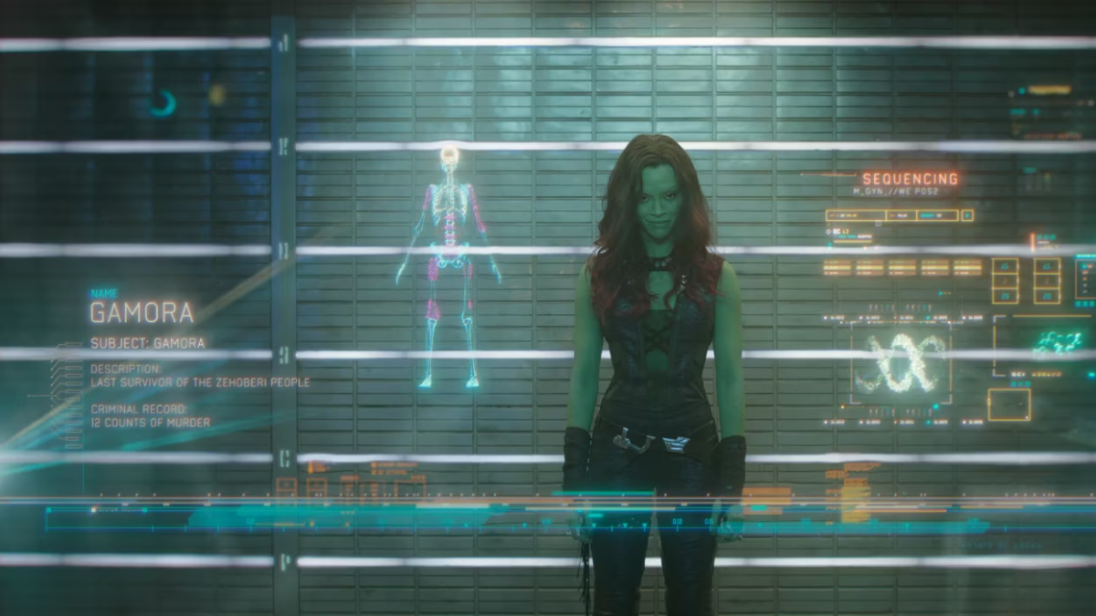 Gamora being processed after her arrest in "Guardians of the Galaxy"