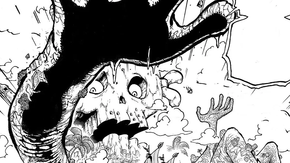 Pizarro from the Blackbeard Pirates taking over an island in the One Piece manga