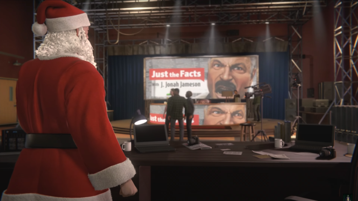 J. Jonah Jameson vestido de Papai Noel em Insomniac's "Homem-Aranha: Miles Morales"