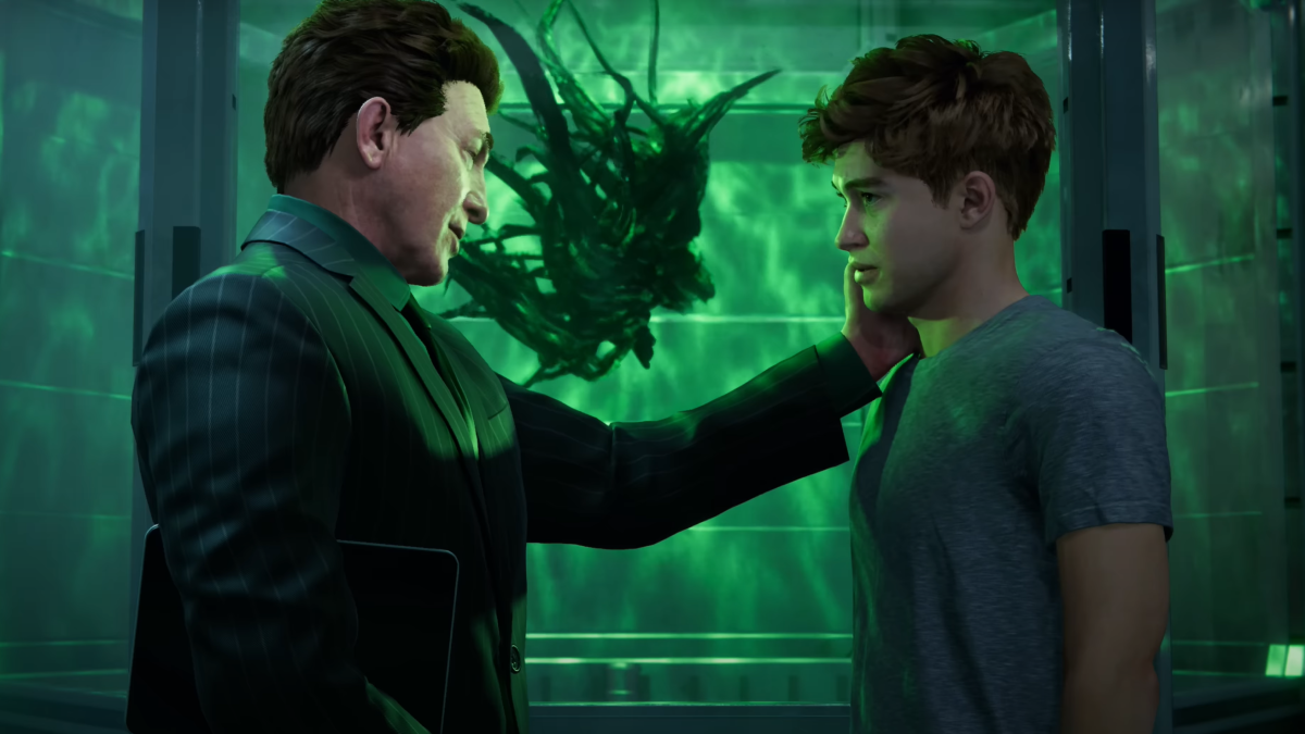 Norman Osborn touching Harry's face in Insomniac's "Spider-Man 2" 