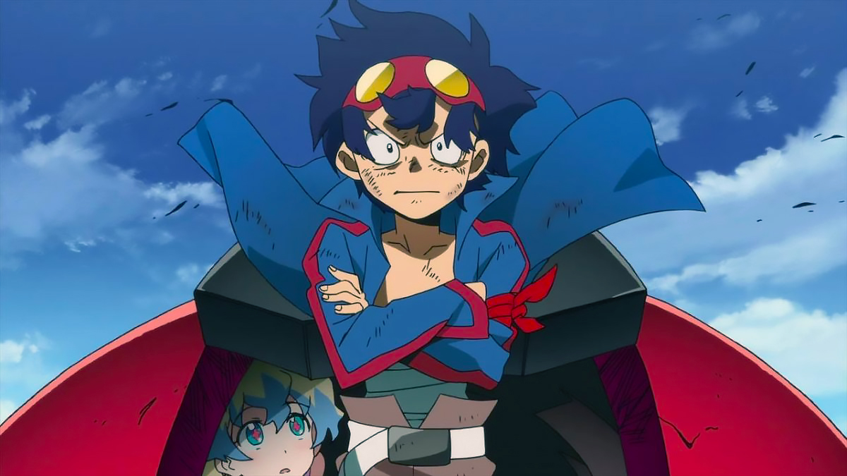 Simon protecting another character from Gurren Lagann