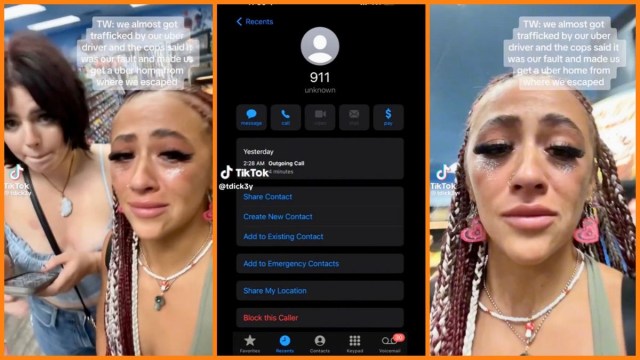 A split image of TikTok user Taylor Dickey crying with her friend, a screenshot of Taylor’s 911 call log, and Taylor with runny makeup after crying
