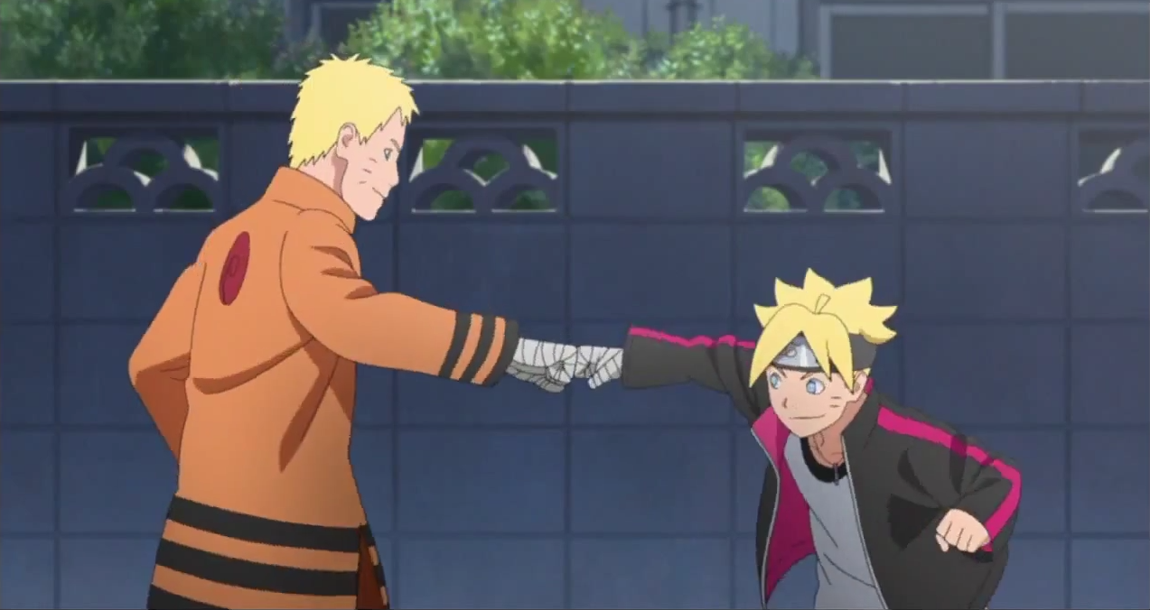 Naruto is fist bumping another character.