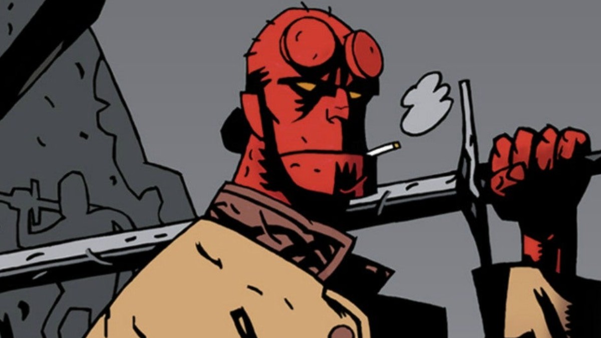 hellboy shouldering a sword