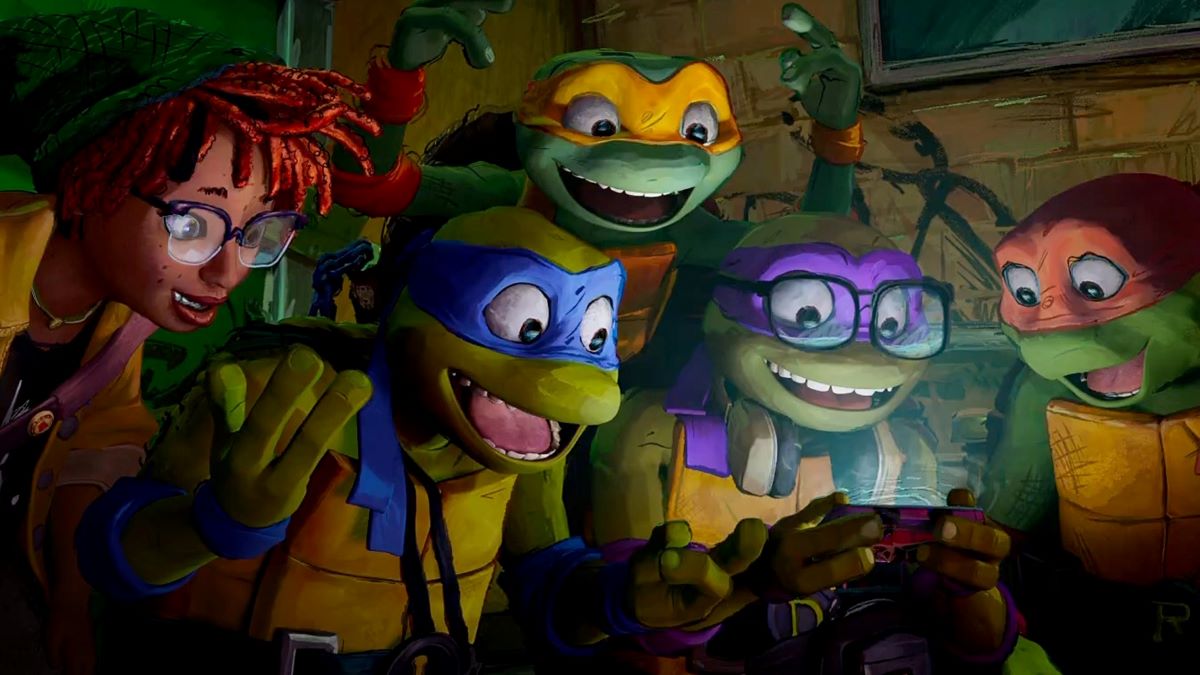 Leonardo, Donatello, Raphael, Michelangelo, and April in Teenage Mutant Ninja Turtles: Mutant Mayhem