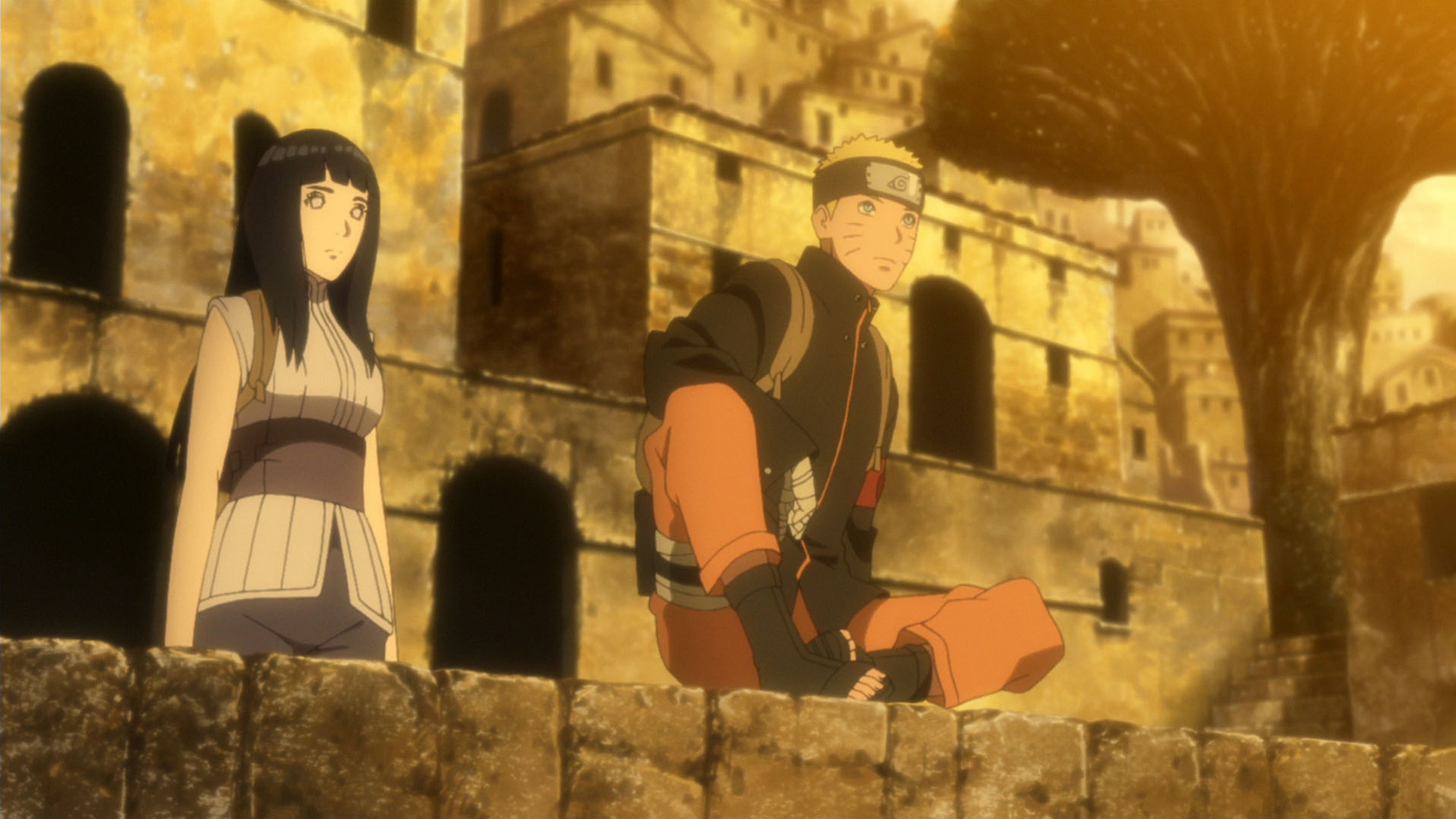 Naruto and a woman are standing together and looking at something in the distance.
