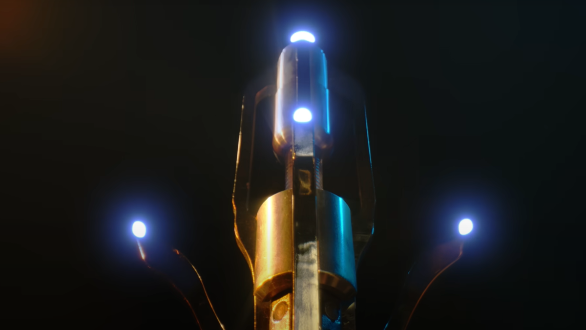 Close up on the head piece of the 14th Doctor's sonic screwdriver
