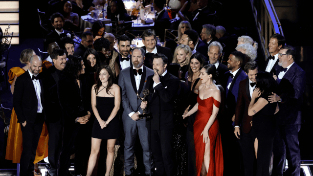 Jason Sudeikis (C) and cast and crew of "Ted Lasso" accept Outstanding Comedy Series onstage during the 74th Primetime Emmys at Microsoft Theater on September 12, 2022 in Los Angeles, California.