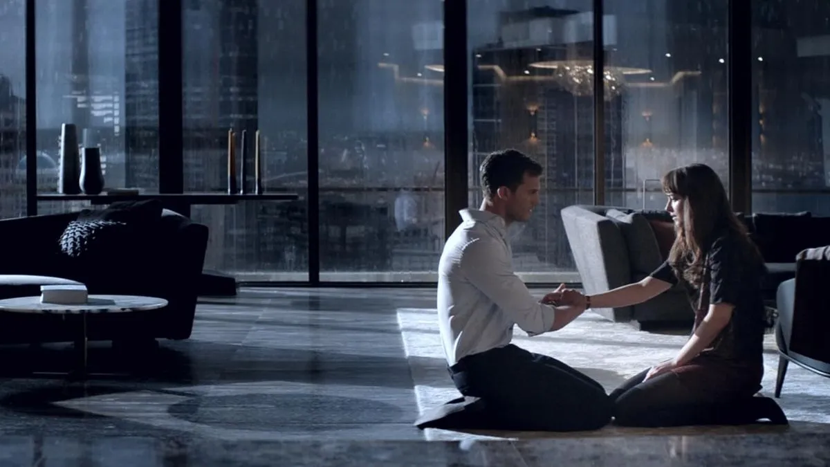 Christian and Ana share an emotional moment in 50 Shades Darker. 