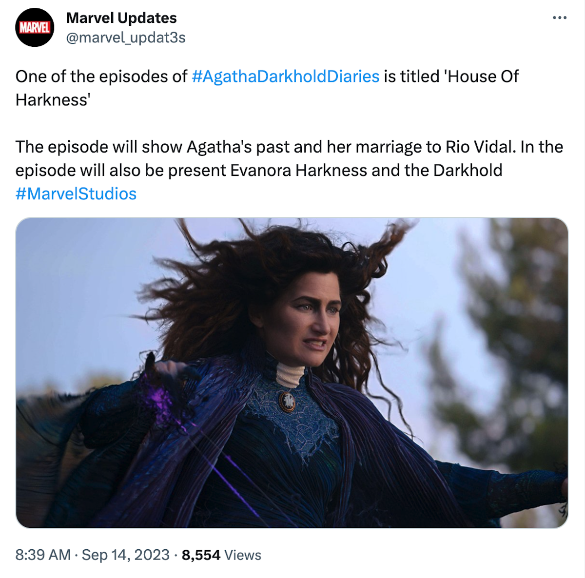 A screenshot of a X/Twitter post with a picture of Agatha from WandaVision and an update about the latest rumors