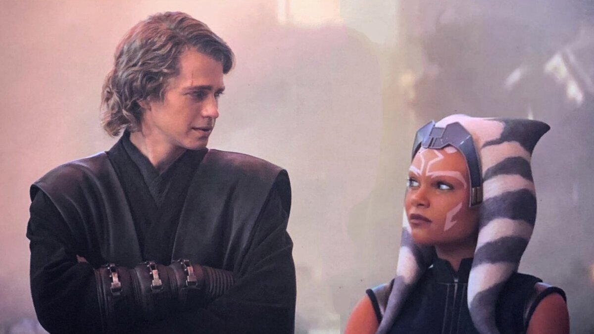 Anakin Skywalker (Hayden Christensen) and Ahsoka Tano (Arianna Greenblatt) share a look on the battlefield in 'Ahsoka' episode five. 