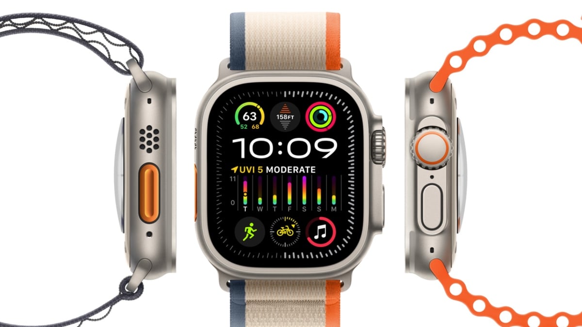 Three Apple Watch Ultras, two showing off the bands