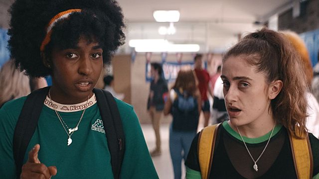 Ayo Edebiri and Rachel Sennott looked amazed as they look directly at the camera in Emma Seligman's 2023 movie 'Bottoms'.