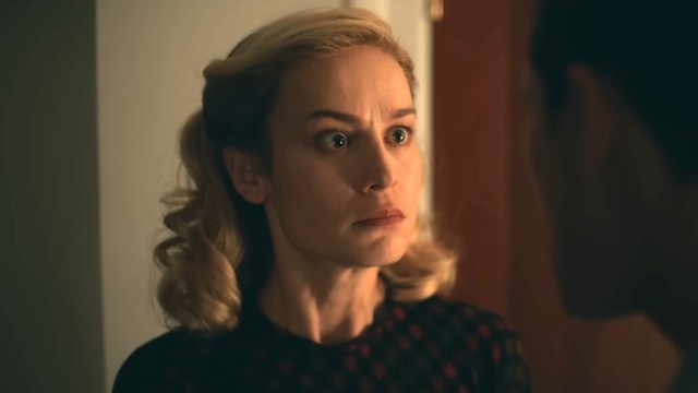 Brie Larson as Elizabeth Zott with her eyes wide open and looking angry in Apple TV Plus' Lessons in Chemistry