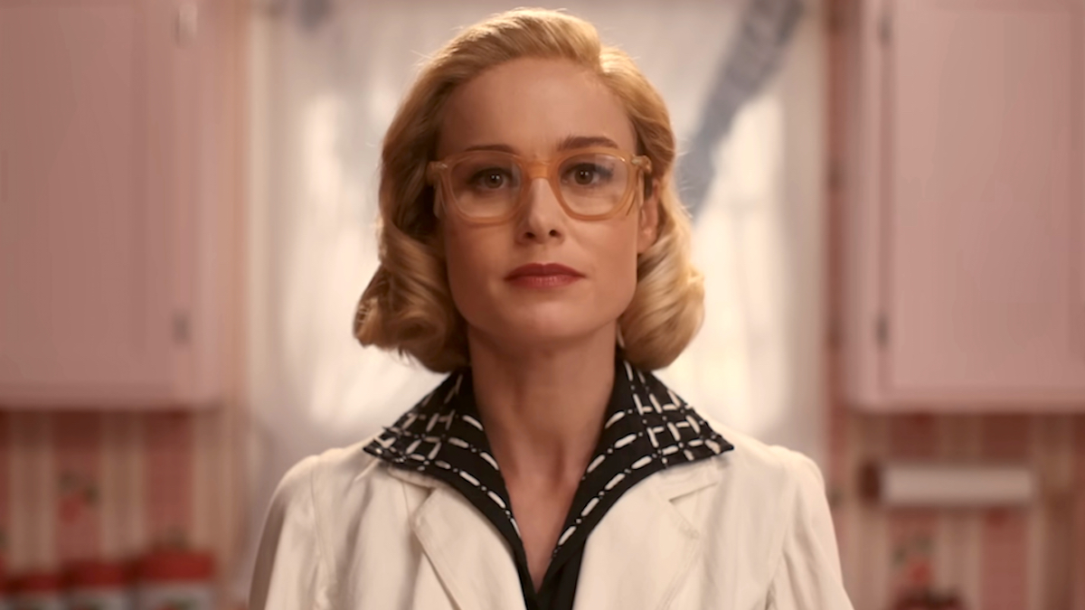 Brie Larson as Elizabeth Zott searing chemistry goggles and a lab coat in Apple TV Plus' Lessons in Chemistry..