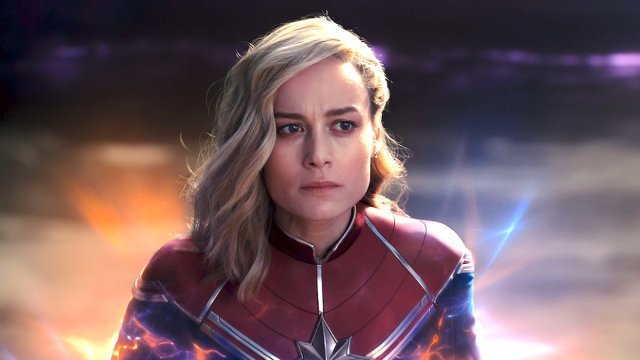 Brie Larson flying in space with cosmic colors surrounding her in 'The Marvels'