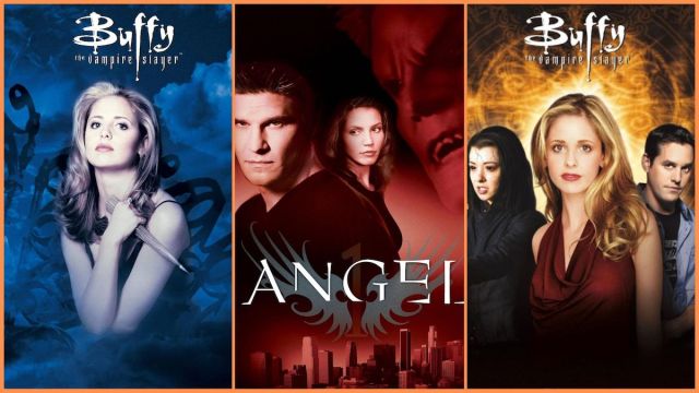 Sarah Michelle Gellar, David Boreanaz, Charisma Carpenter, and James Marsters in the posters of Buffy season 1, Angel season 1, and Buffy season 6