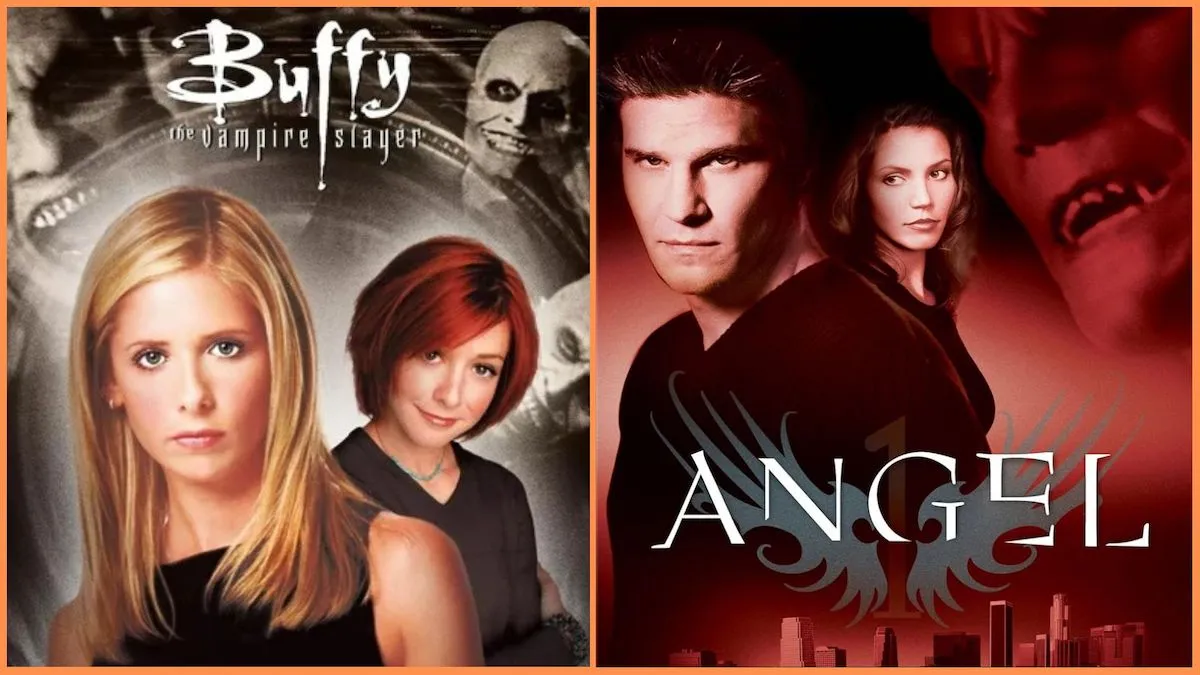 Sarah Michelle Gellar and Alyson Hannigan in 'Buffy' season 4 poster /  David Boreanaz and Charisma Carpenter in 'Angel' season 1 poster