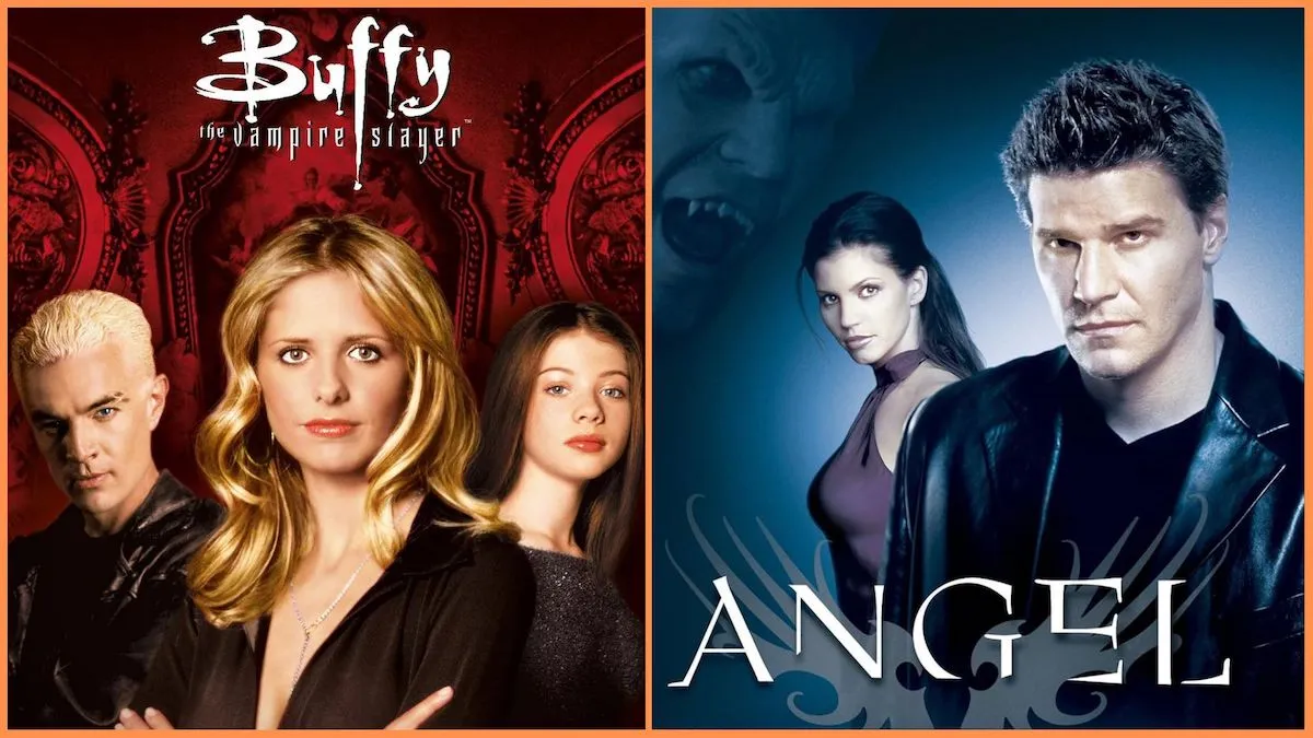 James Marsters, Sarah Michelle Gellar, and Michelle Trachtenberg in 'Buffy' season 5 poster / Charisma Carpenter and David Boreanaz in 'Angel' season 2 poster