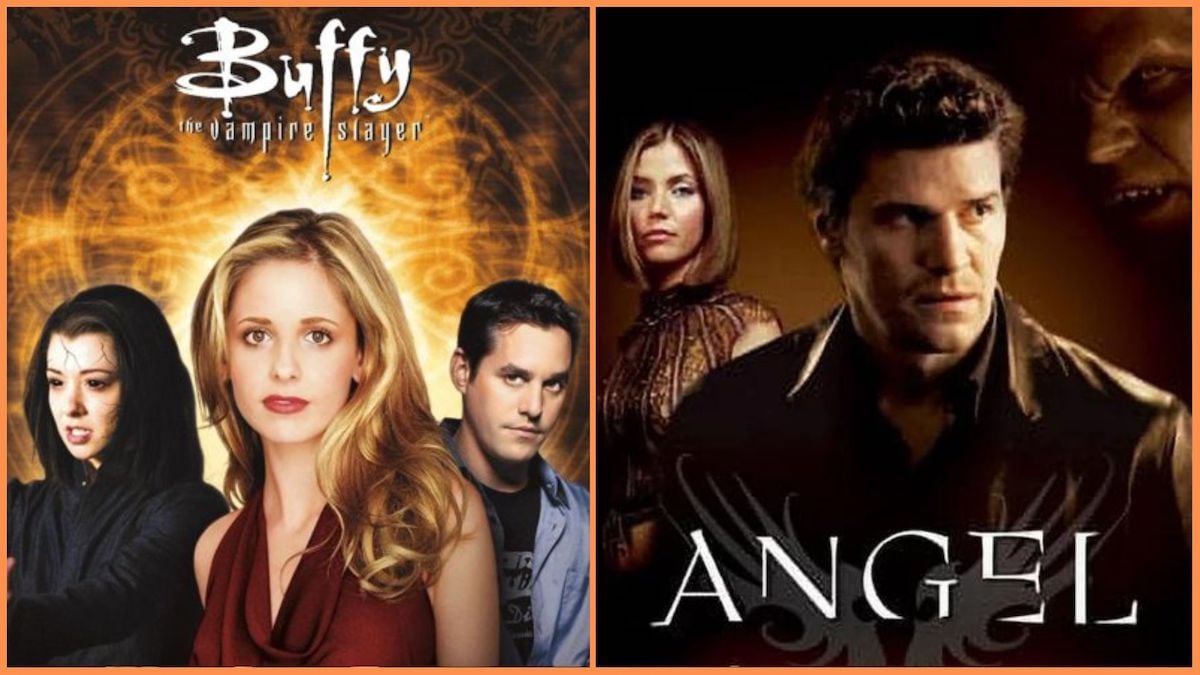 Alyson Hannigan, Sarah Michelle Gellar, and Nicholas Brendon in 'Buffy' season 6 poster / Charisma Carpenter and David Boreanaz in 'Angel season 3 poster