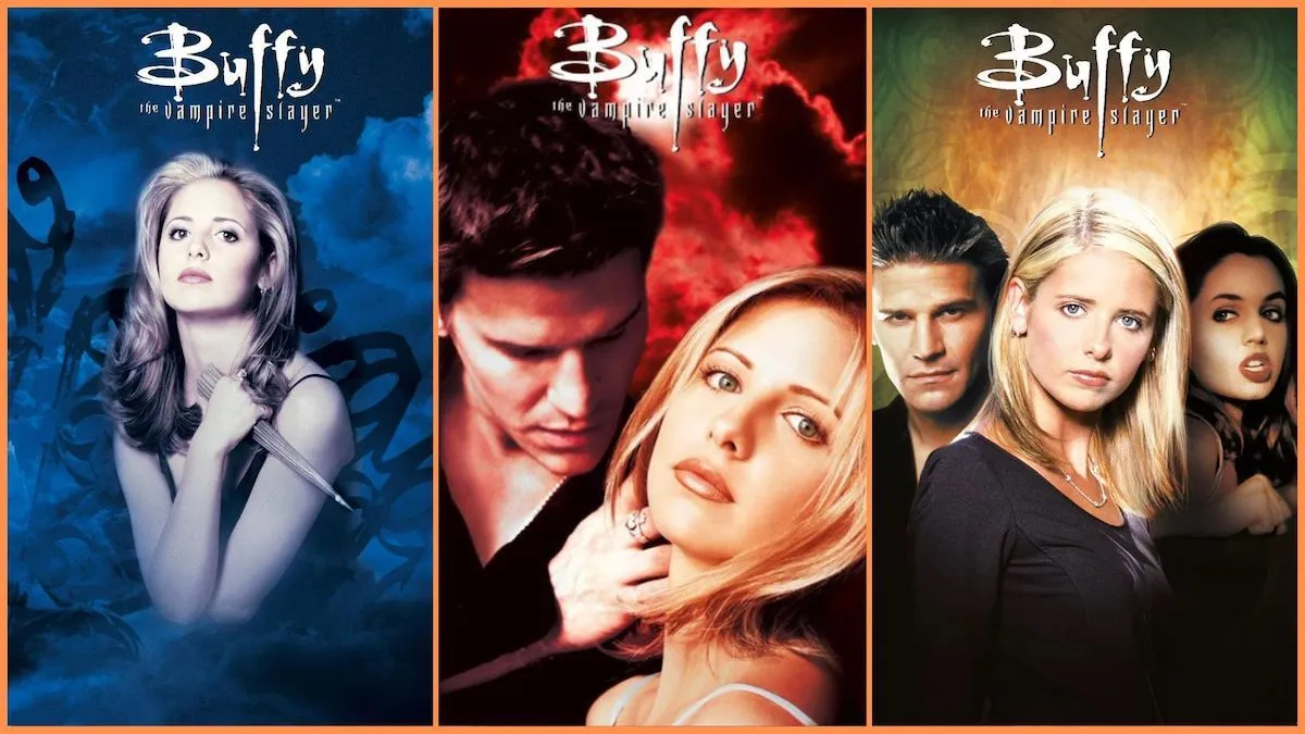 Sarah Michelle Gellar and David Boreanaz as Buffy and Angel in the posters for 'Buffy' seasons 1 - 3