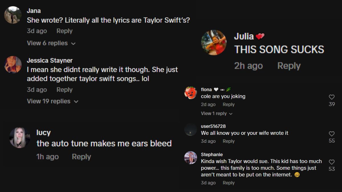 Collection of hateful comments found under Cole LaBrant's TikTok video featuring his daughter Everleigh's song 'Like Taylor Swift'.