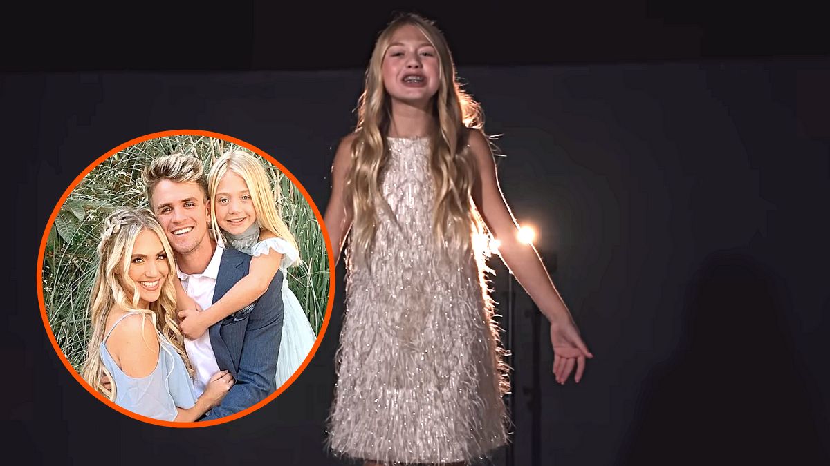 Photo montage of a screengrab from Everleigh Rose's music video for 'Like Taylor Swift,' and a picture of her with her mom and dad, Cole and Savannah LaBrant.