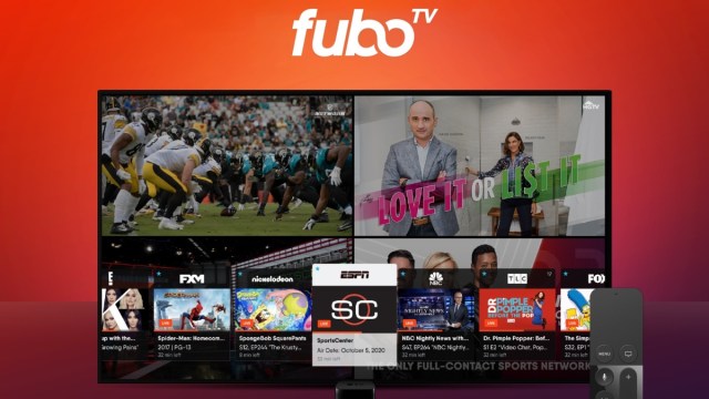 TV displaying FuboTV homepage, with FuboTV logo above