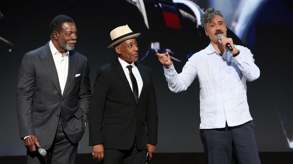 Carl Weathers, Giancarlo Esposito, and Taika Waititi of 'The Mandalorian' took part today in the Disney+ Showcase at Disney’s D23 EXPO 2019 in Anaheim, Calif. 'The Mandalorian' will stream exclusively on Disney+, which launches November 12. (Photo by Jesse Grant/Getty Images for Disney)