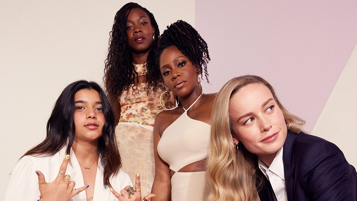 ANAHEIM, CALIFORNIA - SEPTEMBER 10: (L-R) Iman Vellani, Nia DaCosta, Teyonah Parris, and Brie Larson pose at the IMDb Official Portrait Studio during D23 2022 at Anaheim Convention Center on September 10, 2022 in Anaheim, California.