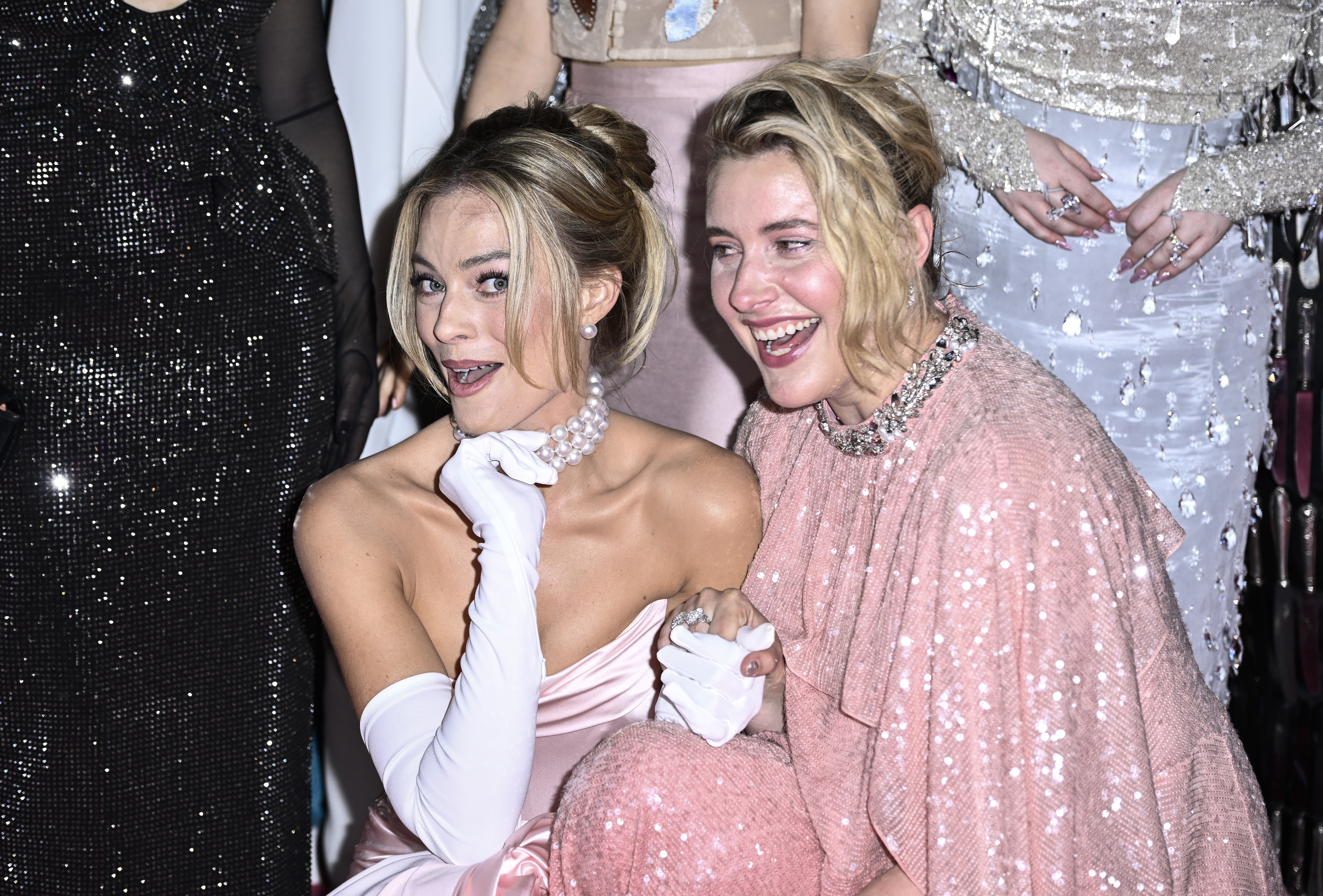 Margot Robbie and Greta Gerwig attend the "Barbie" European Premiere at Cineworld Leicester Square on July 12, 2023 in London, England