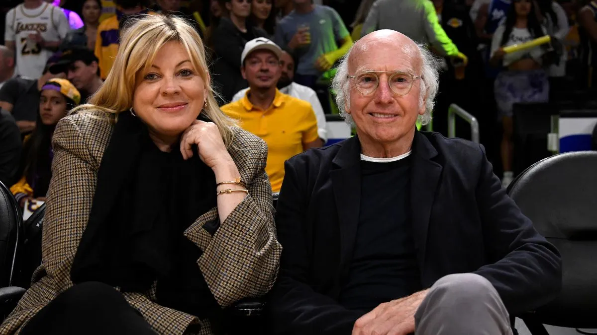 LOS ANGELES, CA - APRIL 28: Ashley Underwood and Larry David attend a basketball game between Los Angeles Lakers and Memphis Grizzlies Round 1 Game 6 of the 2023 NBA Playoffs against Los Angeles Lakers at Crypto.com Arena on April 28, 2023 in Los Angeles, California. (Photo by Kevork Djansezian/Getty Images)