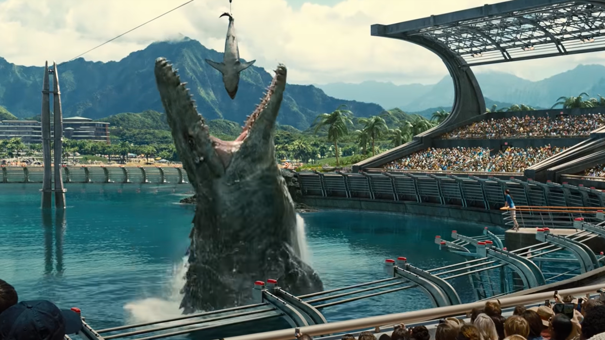 Mosasaurus being fed a shark in 'Jurassic World'