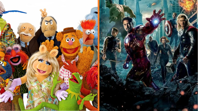 A split image with the Muppets on one side and the Avengers on the other