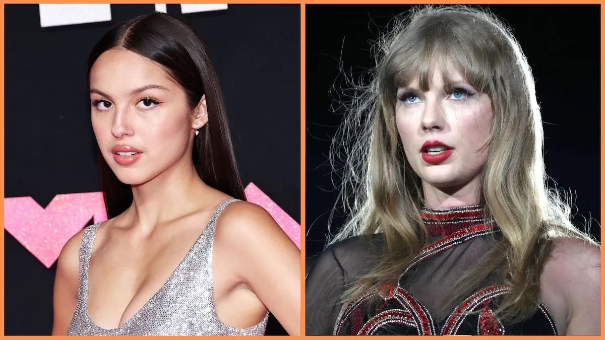 Side by side of Olivia Rodrigo in a silver dress looking up, and Taylor Swift in a black and red garment, also looking up, neither one smiling.
