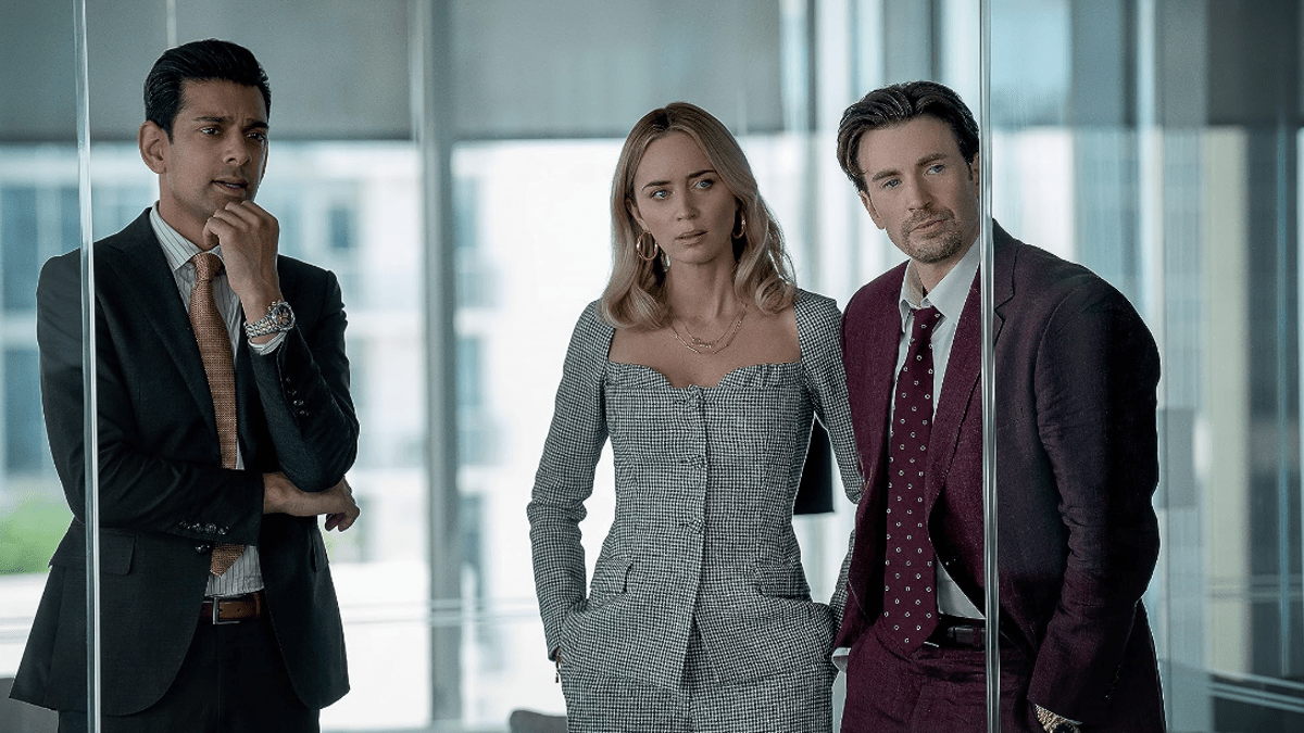Amit Shah, Emily Blunt, and Chris Evans in 'Pain Hustlers' (2023)