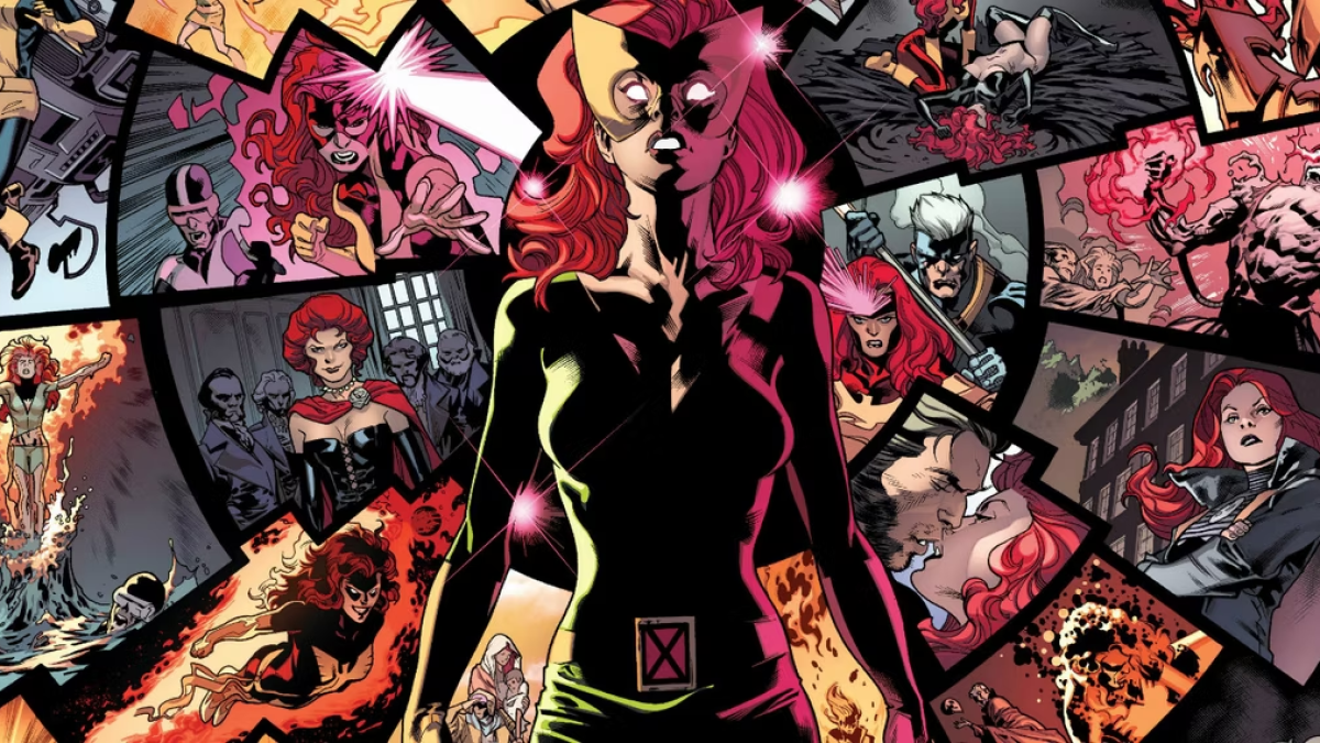 Jean Grey against a visual montage of her life
