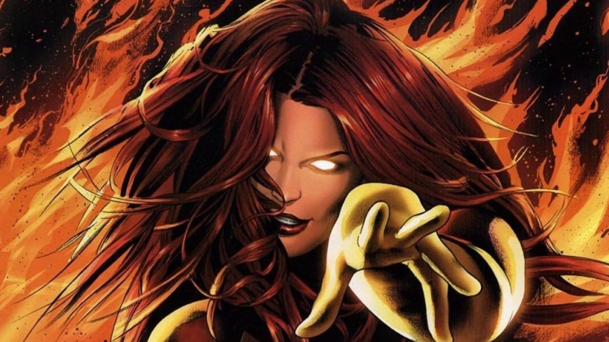 Jean Grey against a fiery backdrop, pointing at the reader