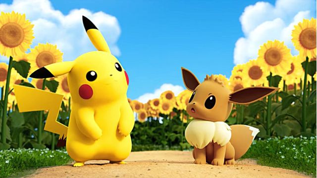 Pikachu and Eevee looking quizzical in a sunflower field for the new Pokémon and Van Gogh Museum collaboration.