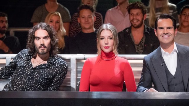 Russell Brand, Katherine Ryan, and Jimmy Carr on the panel of Comedy Central's 'Roast Battle'