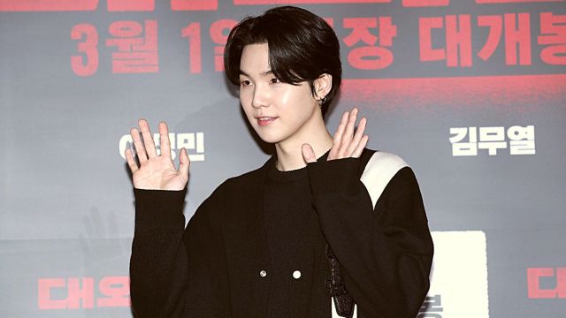 SEOUL, SOUTH KOREA - FEBRUARY 27: Suga of boy band BTS aka Bangtan Boys is seen at 'The Devil's Deal' VIP Screening at COEX Megabox on February 27, 2023 in Seoul, South Korea. The film will open on March 01, 2023 in South Korea.