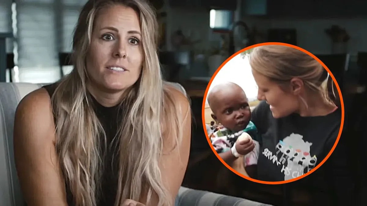 Montage of two screengrabs from HBO's docu-series 'Savior Complex'. One of which shows Renee Bach giving an interview while the other one shows her holding a child during her time in Jinja, Uganda.