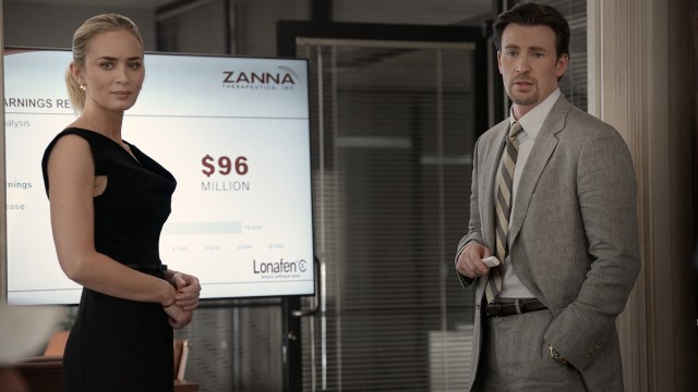 Pain Hustlers - (L to R) Emily Blunt as Liza and Chris Evans as Brenner in Pain Hustlers.