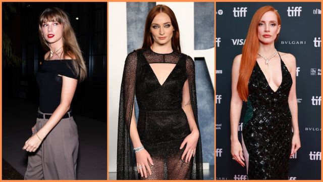 (L-R) Three-paneled photo of Taylor Swift looking over her shoulder, Sophie Turner looking at the camera, and Jessica Chastain looking at the camera, each wearing a black shirt or dress.