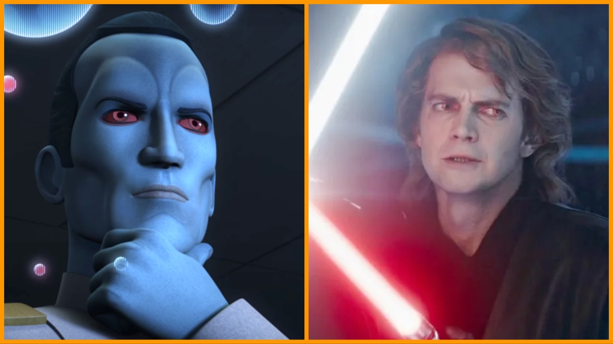 Grand Admiral Thrawn strokes his chin in thought in 'Star Wars Rebels'/Anakin Skywalker engages in a lightsaber duel in 'Ahsoka'
